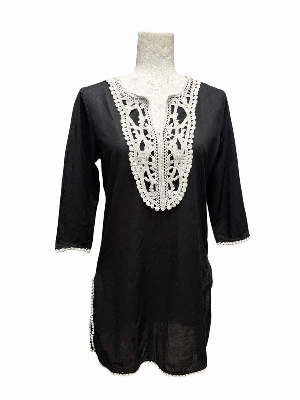 NWT Gretchen Scott Black Embroidered Tunic Top Popover Cotton Resort Wear XS